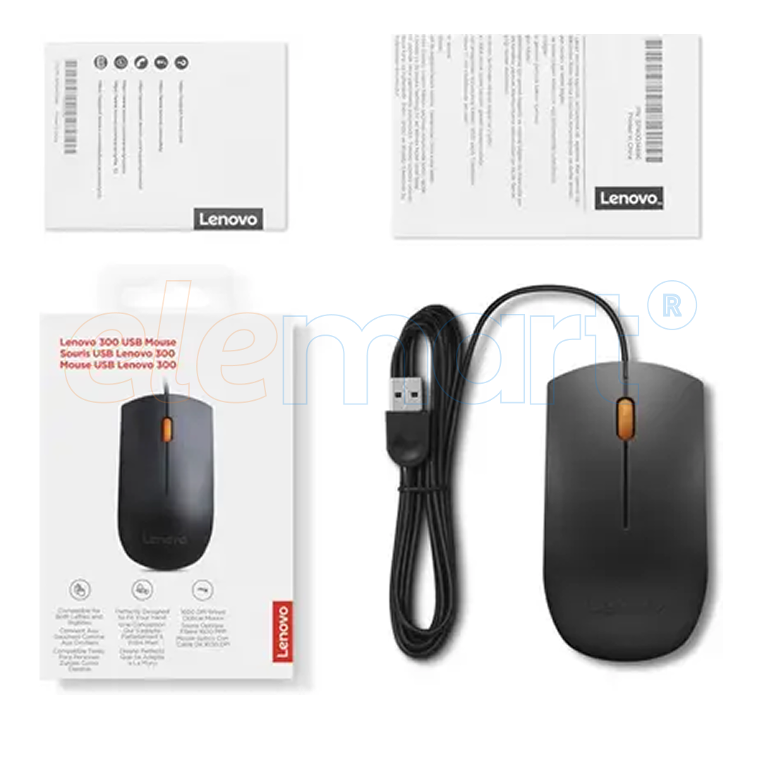 Lenovo 300 Wired USB Optical Mouse (Ambidextrous, USB 2.0, Black)