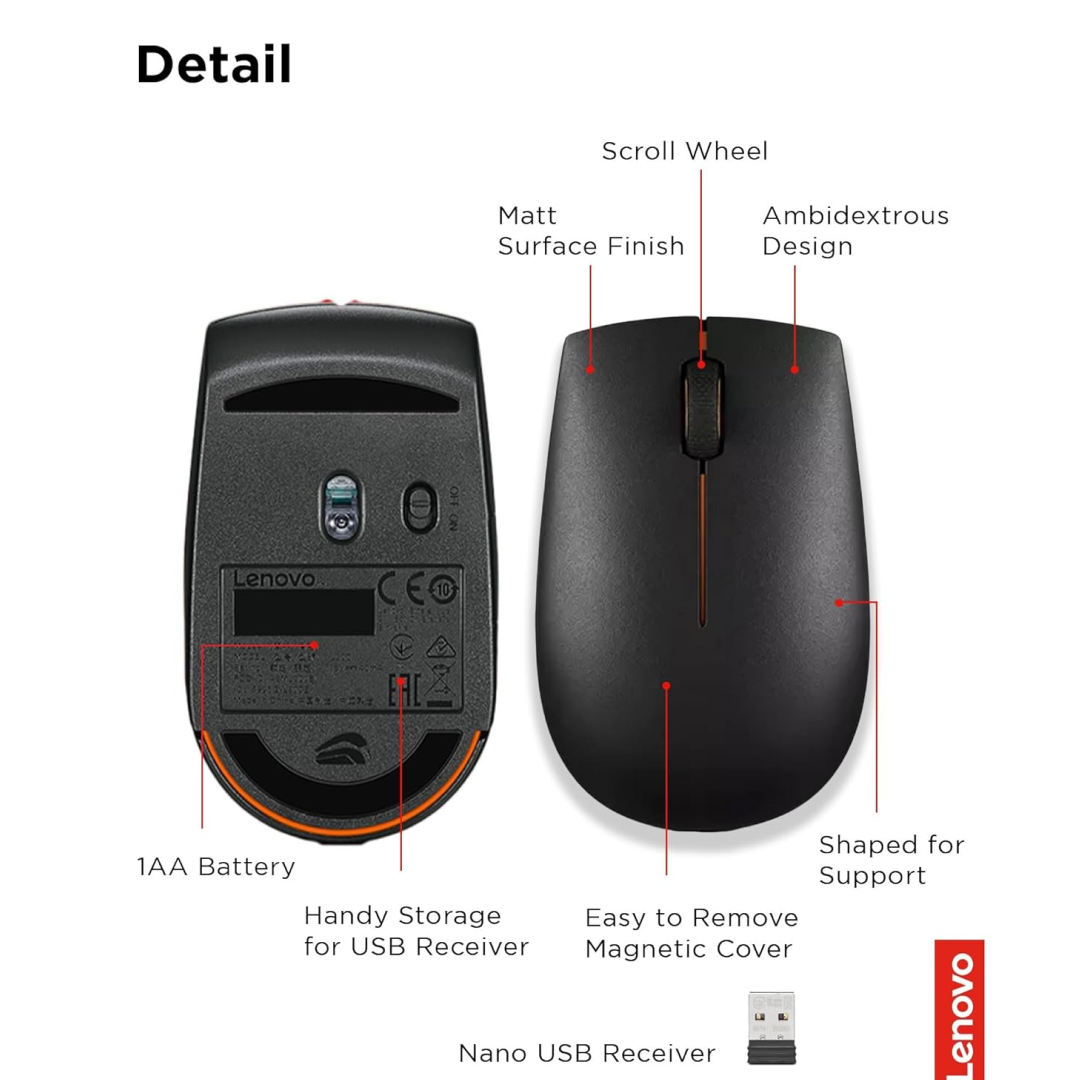 Lenovo 300 Wireless Compact Mouse, 1000 DPI Optical Sensor, 2.4GHz Nano USB, 10m Range, 3 Buttons (Left, Right, Scroll), 3 Million Clicks, 1-Year Battery, Ambidextrous Ergonomic Design - GX30K79401