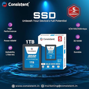 Consistent 2.5 1 TB SSD with SATA III Interface, 6Gb/s,Read/Write Speed Upto - 550/500 MB/s, 5 Years Warranty.