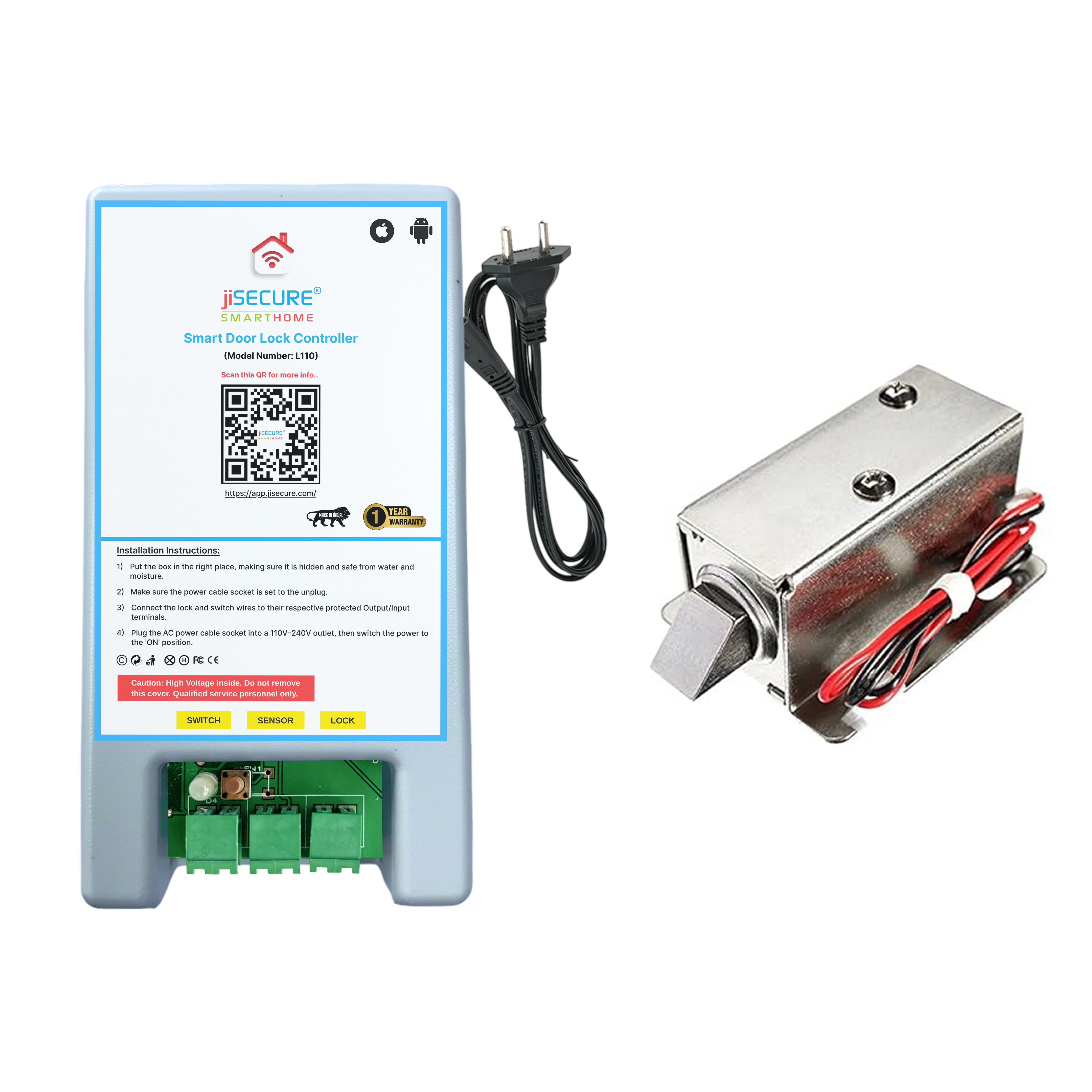 jiSECURE Smart Lock Controller with Electric Solenoid Lock | App & Manual Button Control | Universal Compatibility with Electronic Door Locks | Android & iOS Supported