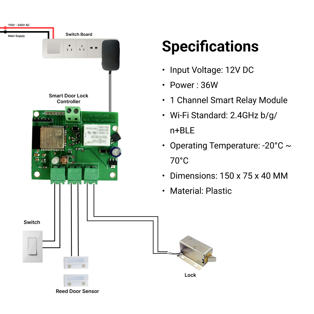 Smart Wireless Door Lock Controller with Momentary Relay (1s) | WiFi & BLE Enabled PCB for Home Automation