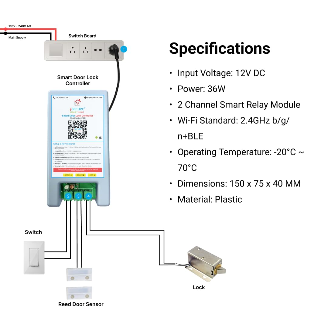 jiSECURE Smart Lock Controller with 12 volt Electric Solenoid Lock | App & Manual Button Control