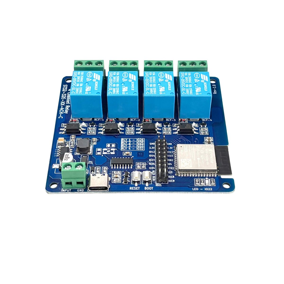 ESP32 WiFi 4-Channel 5V 10A Relay Module with Optocoupler Isolation (5-28V Input) – Industrial Grade