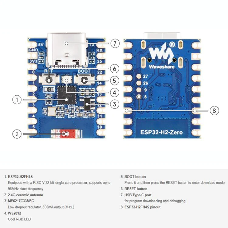 ESP32-H2-Zero-M Mini Development Board with Pin Header