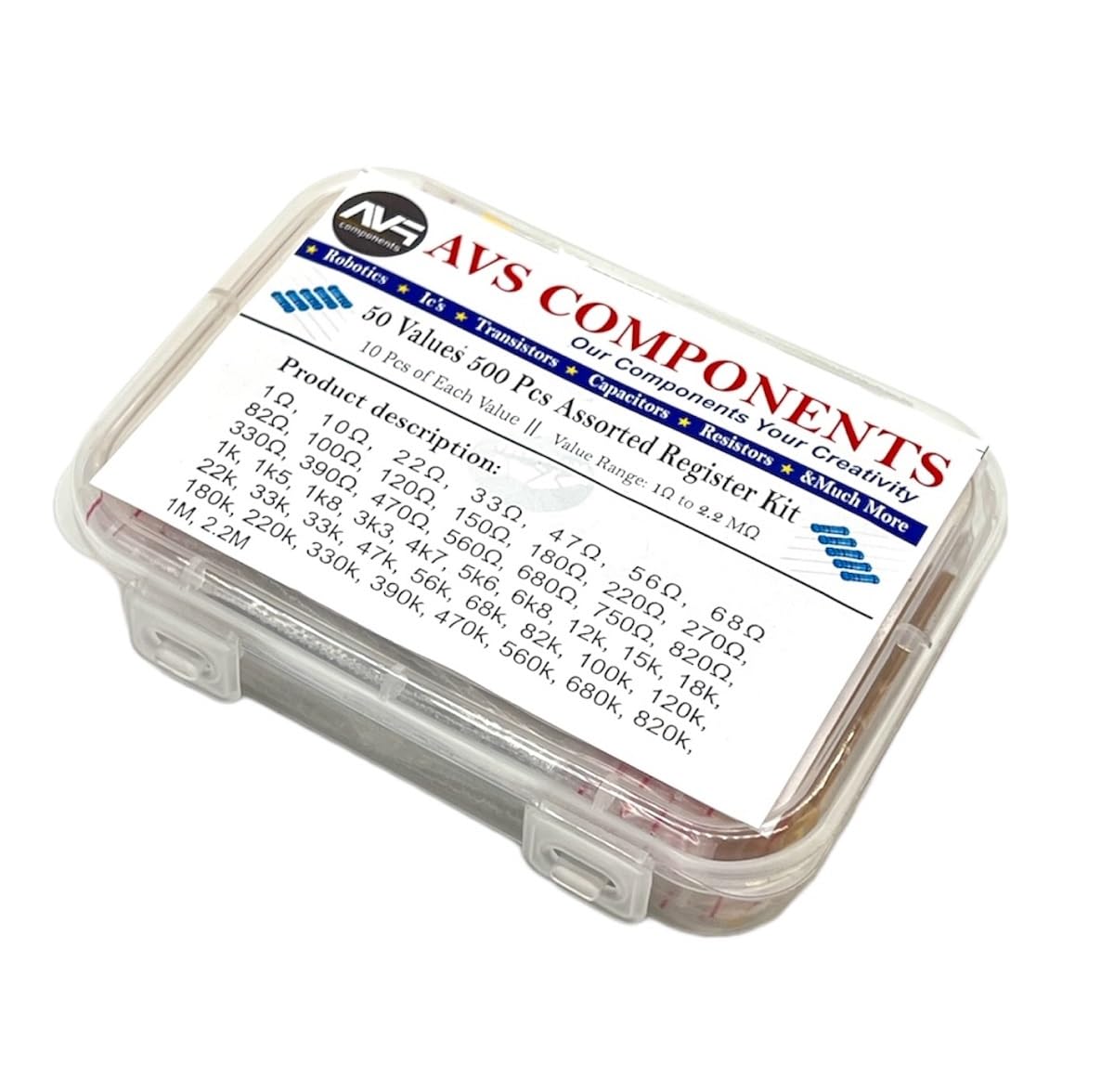 AVS Components 500 Pcs Assorted Resistors Kit, 50 Values