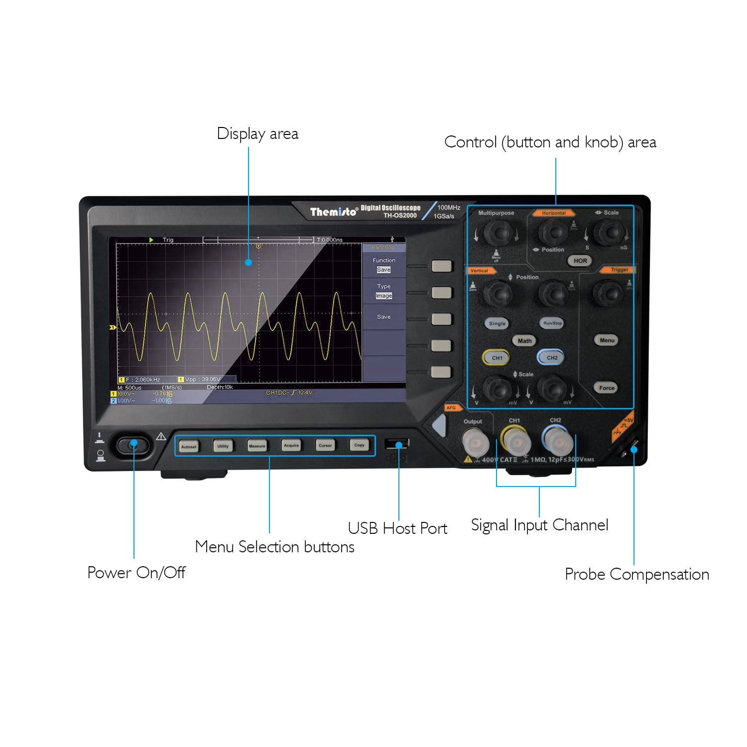 Themisto TH-OS2000 2-Channel 100MHz Bandwidth 1GSa/s Sampling Rate with Function Generator Digital Oscilloscope