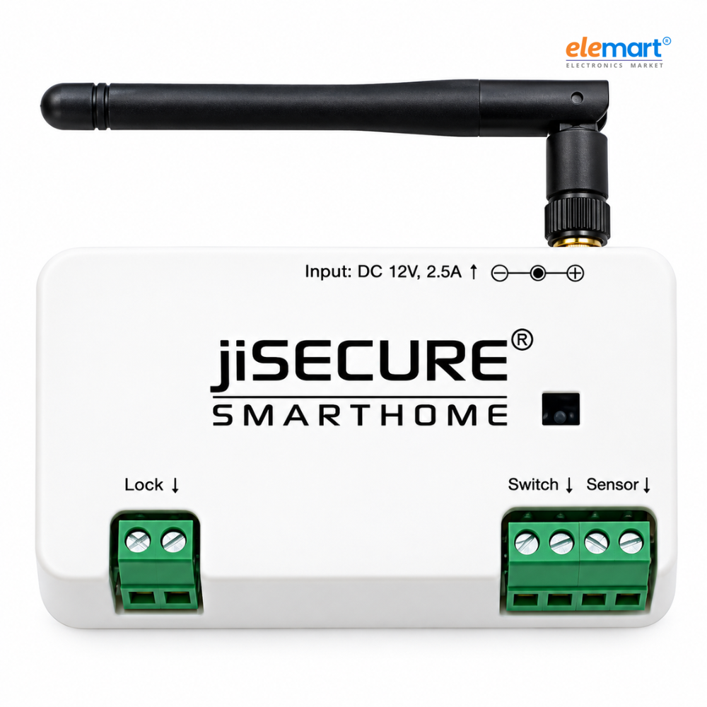jiSECURE Smart Door Lock Controller – Long-Range WiFi & Bluetooth Enabled with Antenna, App-Based Access Control