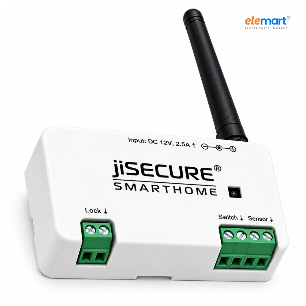 jiSECURE Smart Door Lock Controller – Long-Range WiFi & Bluetooth Enabled with Antenna, App-Based Access Control