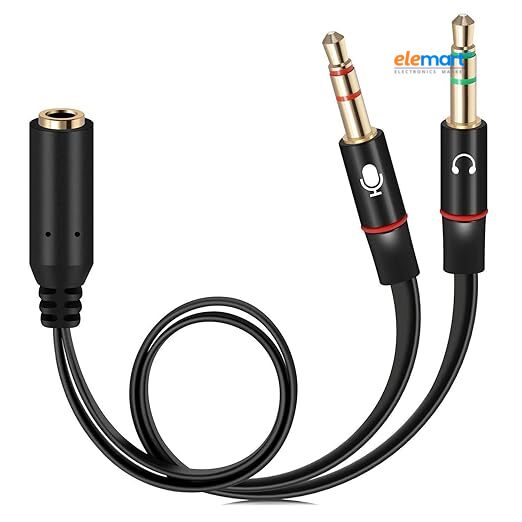 Elemart 3.5mm Headphone Splitter for Computer 2 Male to 1 Female | TRRS Audio Adapter | Supports Mic + Audio | Universal AUX Splitter for Mobile, Laptop, Tablet & PC - Black