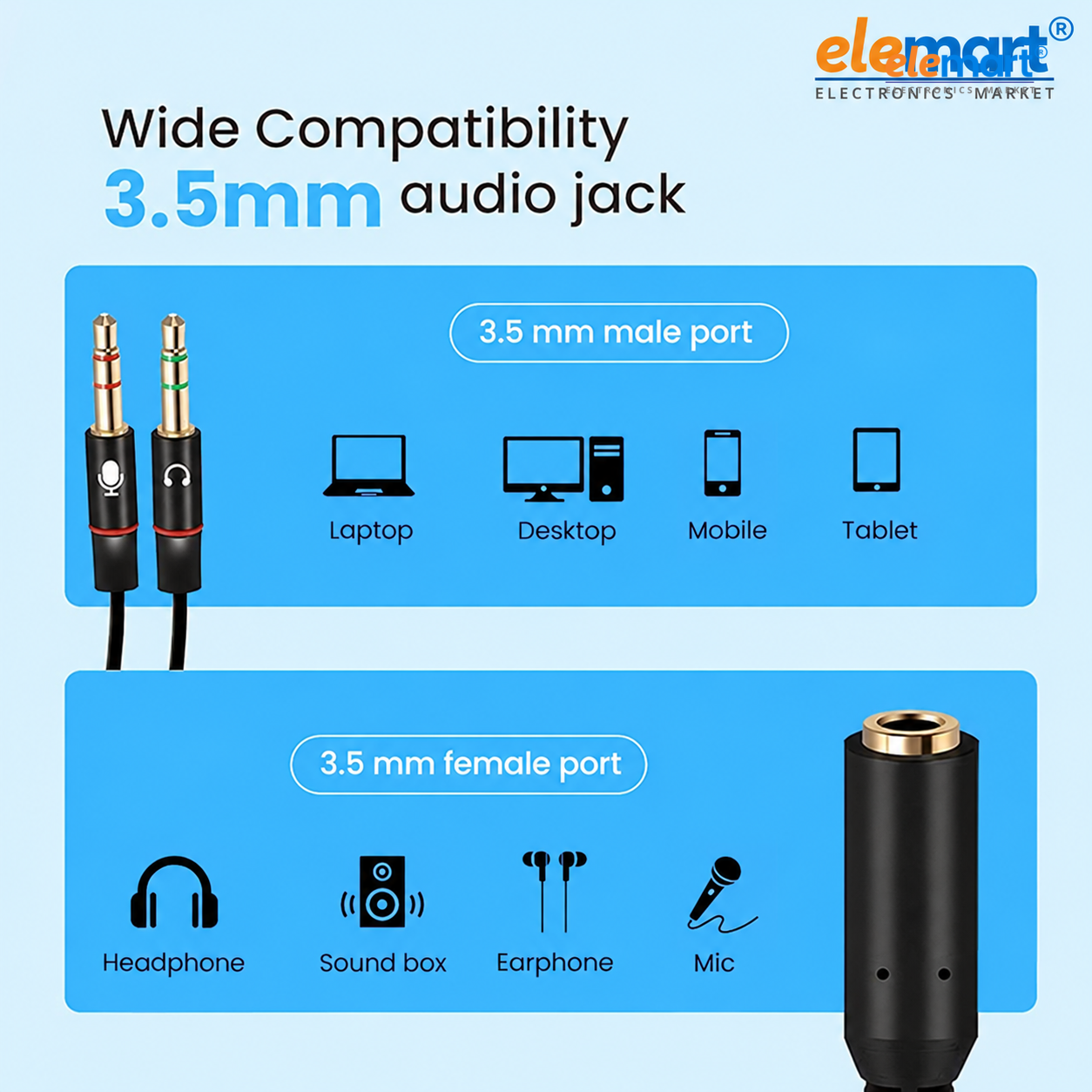Elemart 3.5mm Headphone Splitter for Computer 2 Male to 1 Female | TRRS Audio Adapter | Supports Mic + Audio | Universal AUX Splitter for Mobile, Laptop, Tablet & PC - Black