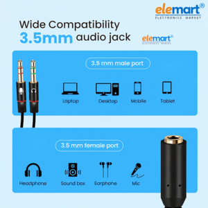Elemart 3.5mm Headphone Splitter for Computer 2 Male to 1 Female | TRRS Audio Adapter | Supports Mic + Audio | Universal AUX Splitter for Mobile, Laptop, Tablet & PC - Black