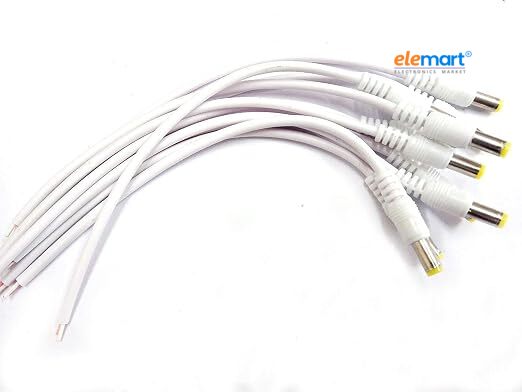 RIVER FOX DC Power Pigtail Male Cables with 2.1mm Connectors, 5.5mm OD, 18cm Length, Center Positive - Ideal for CCTV, Surveillance, and LED Strip Lighting (White, Pack of 5)