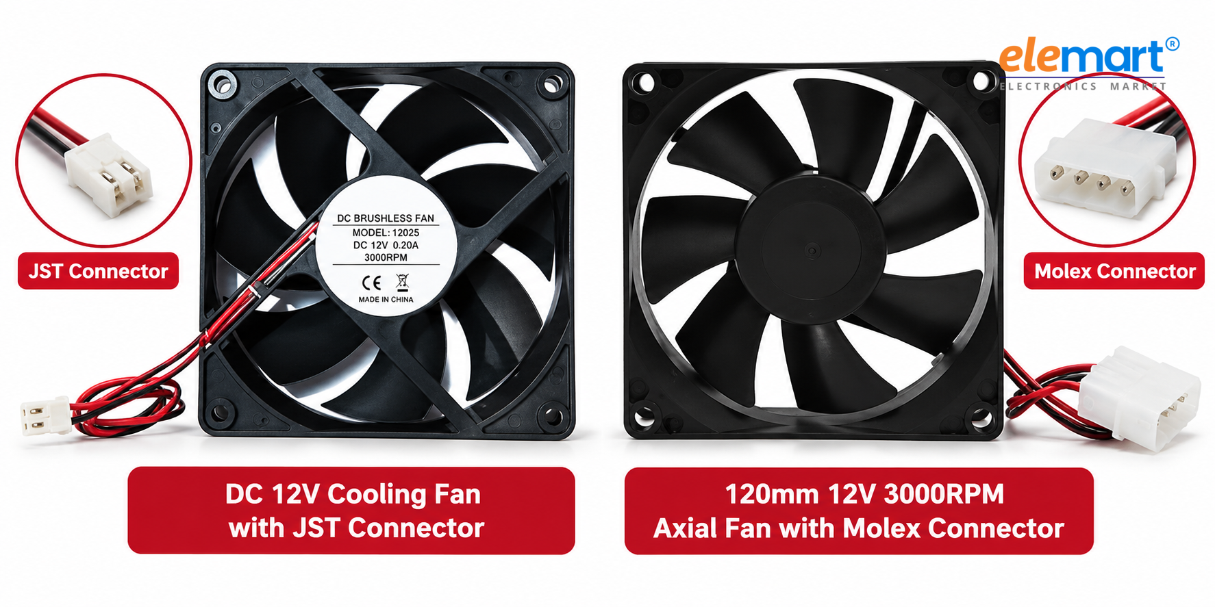 Combo Pack of 2 PC Cooling Fans – 120mm 12V 3000RPM Axial Fan with Molex Connector & DC 12V CPU Case Cooling Fan with JST Connector (Black)