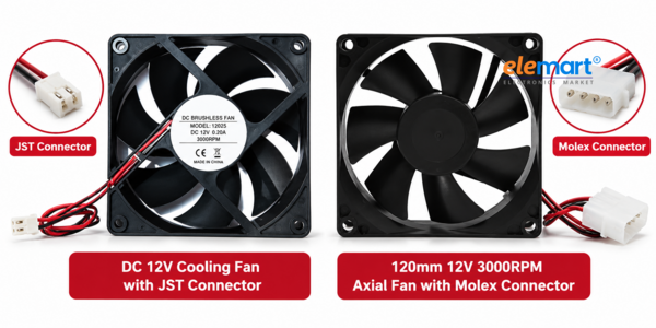 Combo Pack of 2 PC Cooling Fans – 120mm 12V 3000RPM Axial Fan with Molex Connector & DC 12V CPU Case Cooling Fan with JST Connector (Black)