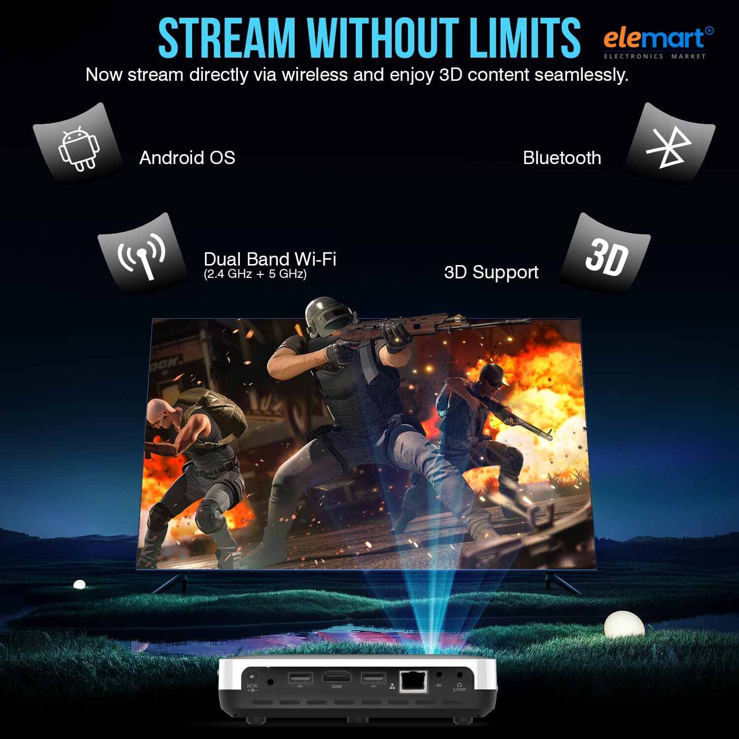 S7 4K Smart Projector – Android OS, Wi-Fi, Bluetooth, 7000 Lumens, Auto Keystone & 3D Support with Free Screen (White)