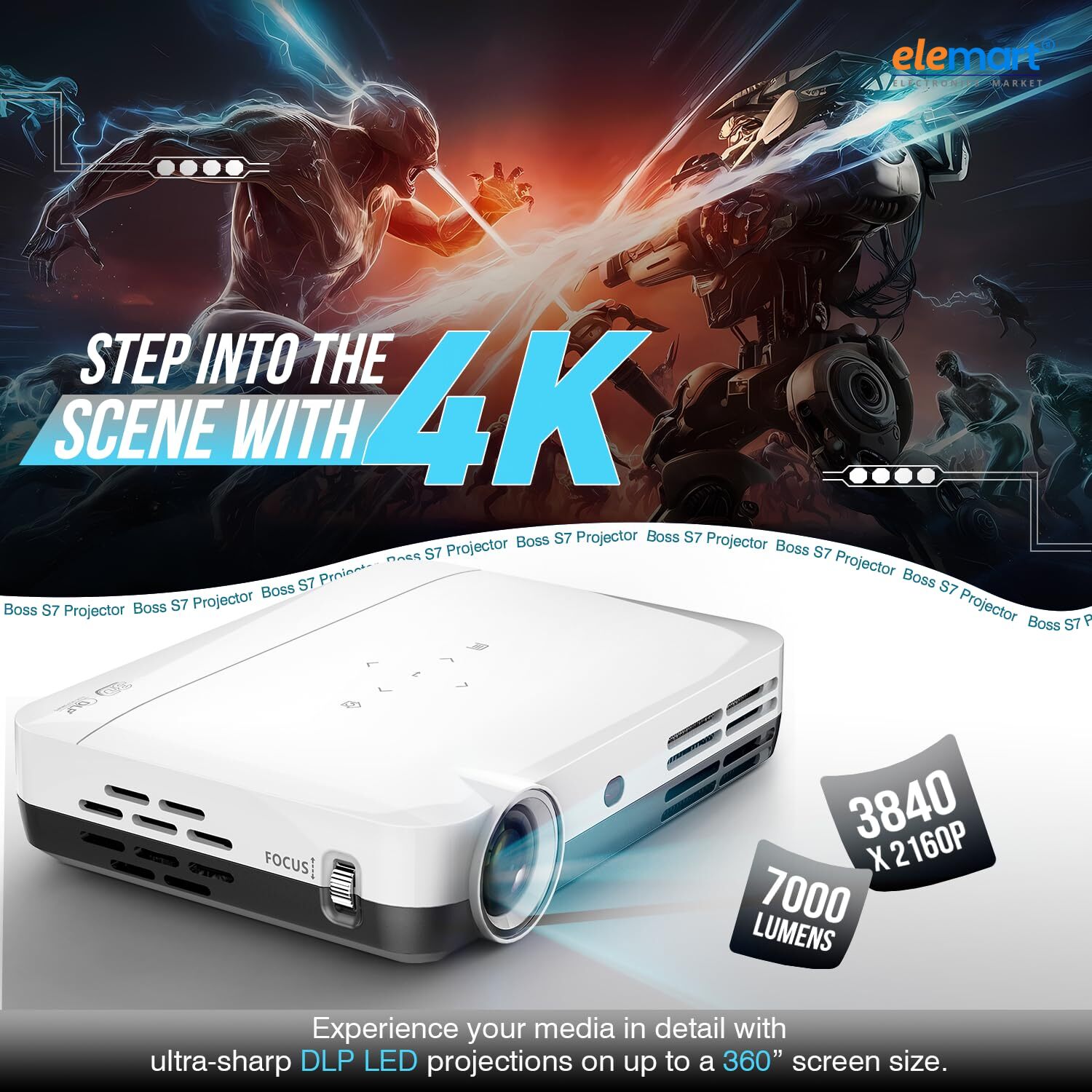 S7 4K Smart Projector – Android OS, Wi-Fi, Bluetooth, 7000 Lumens, Auto Keystone & 3D Support with Free Screen (White)