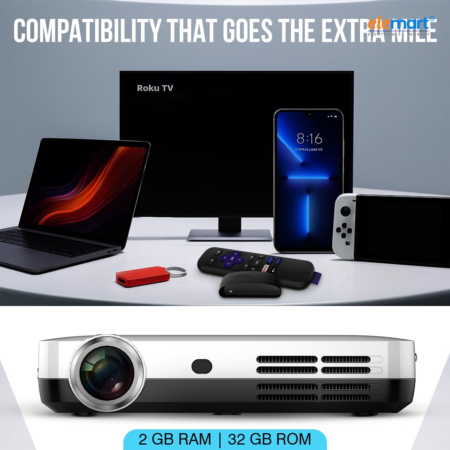 S7 4K Smart Projector – Android OS, Wi-Fi, Bluetooth, 7000 Lumens, Auto Keystone & 3D Support with Free Screen (White)