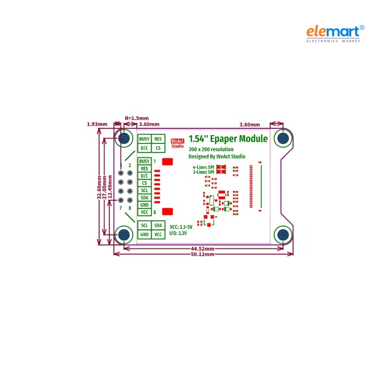WeAct Studio 1.54 Inch Epaper Display Screen Module SPI Black-White