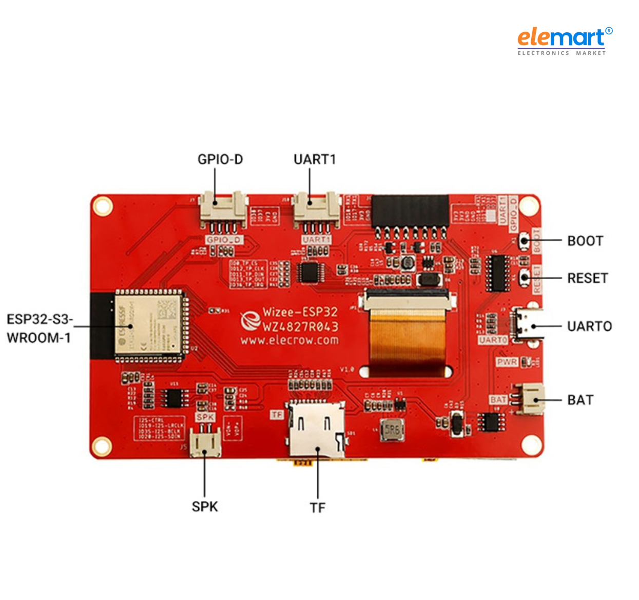 ELECROW ESP32 display-4.3 Inch HMI Display 480×272 RGB TFT LCD Touch Screen Compatible with Arduino/LVGL/PlatformIO/ Micropython Without Acrylic Case