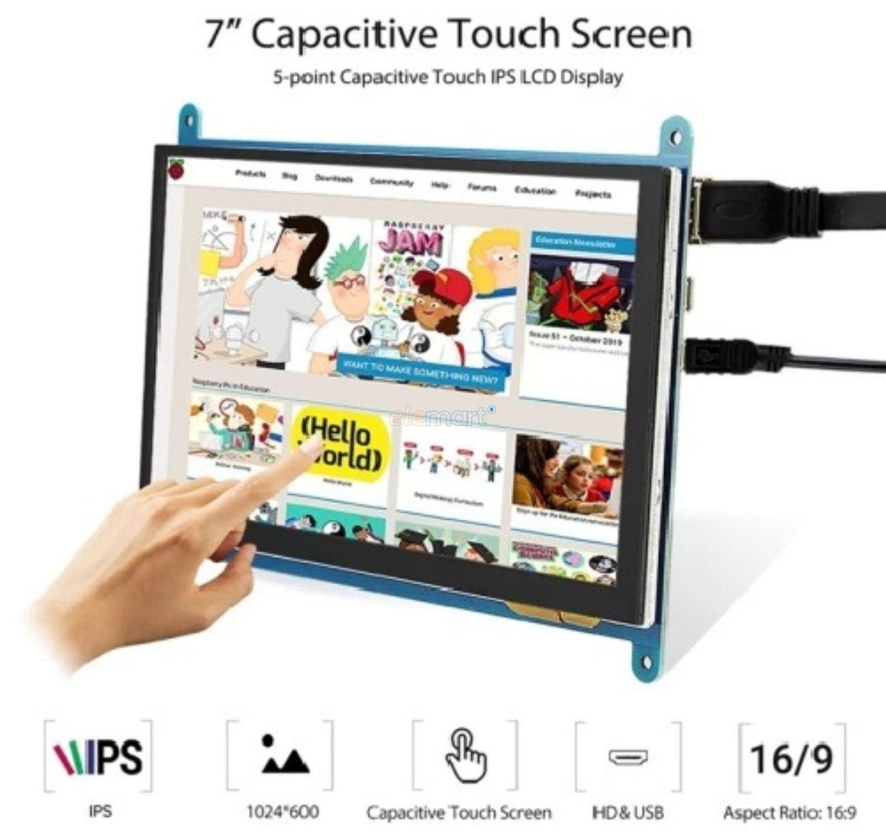 Elecrow RC070 7 inch 1024*600 LCD Display with Touch Screen Without Acrylic Case