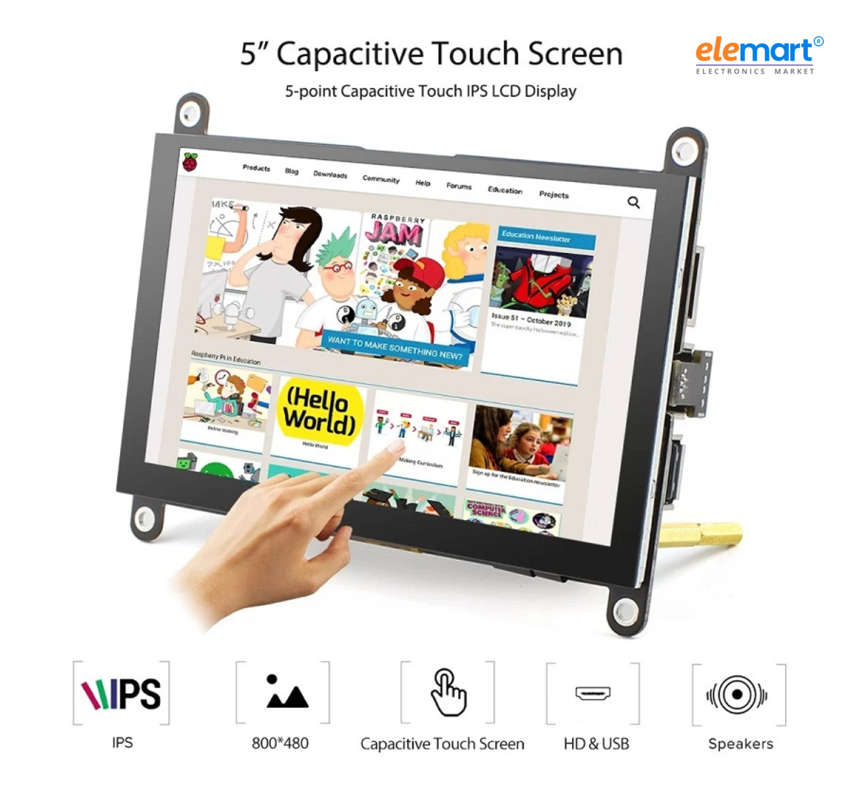 ELECROW RC050S HD 5 Inch 800×480 Capacitive Touch Monitor Built-in Speaker with Backlight Control