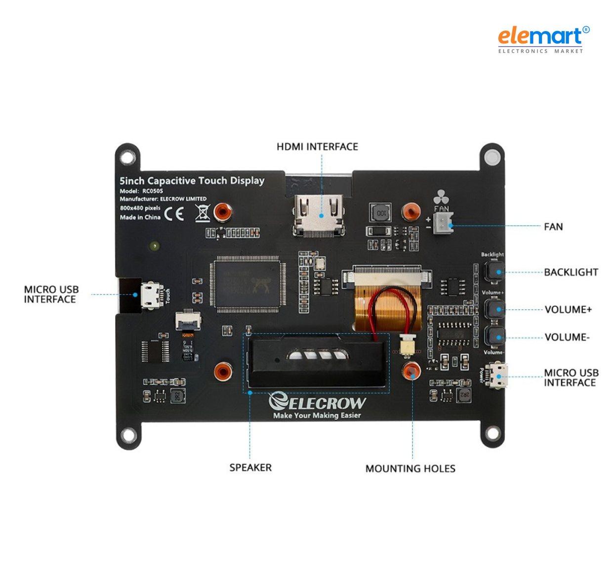 ELECROW RC050S HD 5 Inch 800×480 Capacitive Touch Monitor Built-in Speaker with Backlight Control