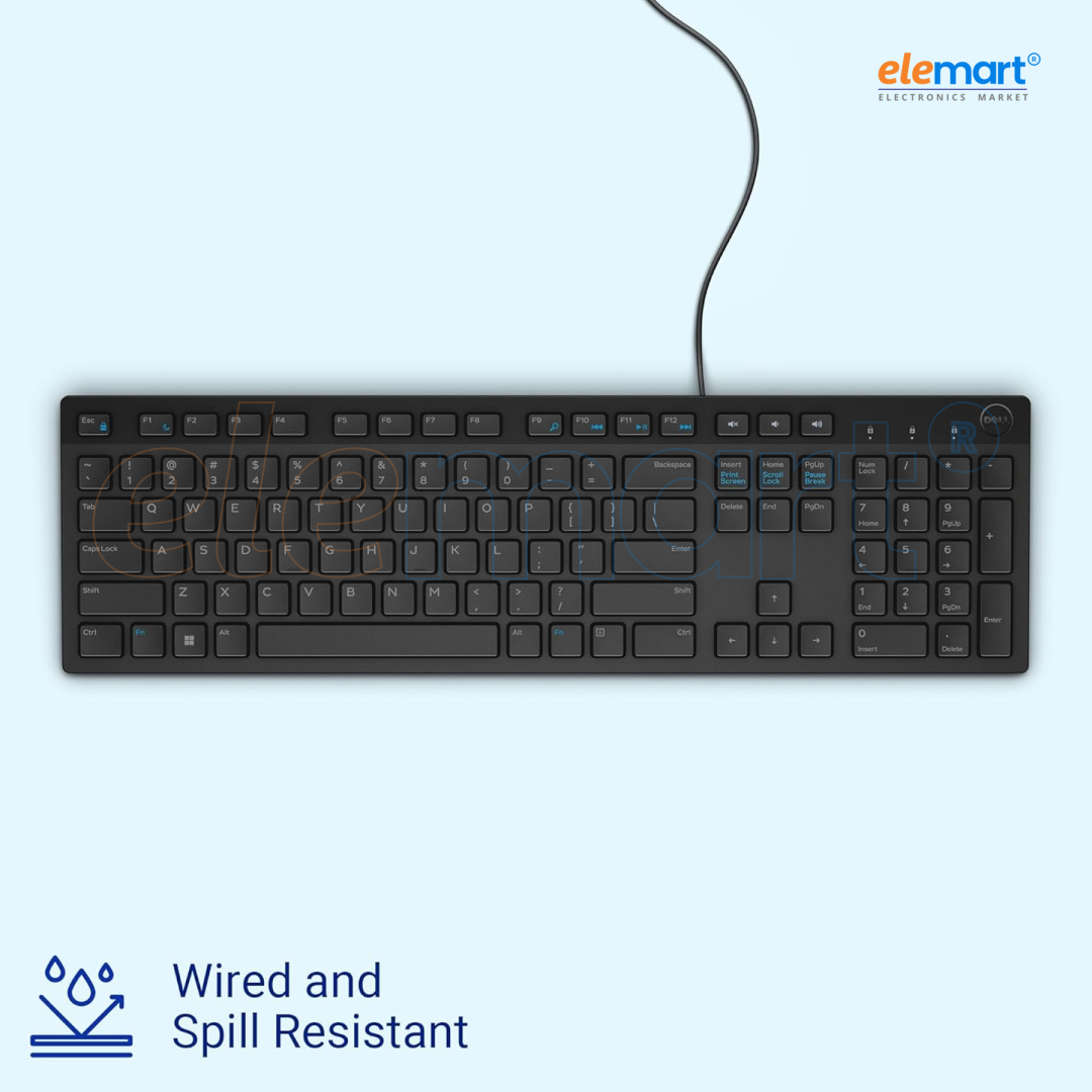 Dell KB216 Wired Multimedia Keyboard – Full-Size, USB Interface, Spill-Resistant, Chiclet Keys, Hot Keys (Volume, Mute, Play/Pause, Backward, Forward)