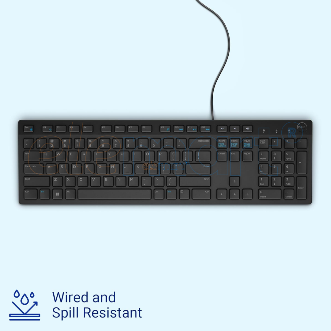 Dell KB216 Wired Multimedia Keyboard – Full-Size, USB Interface, Spill-Resistant, Chiclet Keys, Hot Keys (Volume, Mute, Play/Pause, Backward, Forward)
