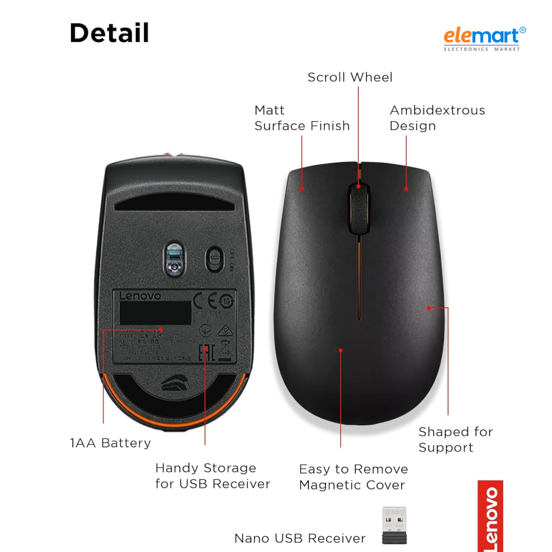 Lenovo 300 Wireless Compact Mouse, 1000 DPI, 10m Range, Ergonomic Design