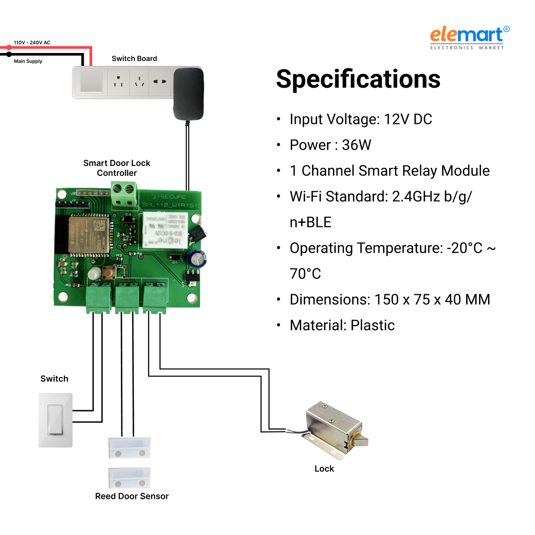 Smart Wireless Door Lock Controller with Momentary Relay (1s) | WiFi & BLE Enabled PCB for Home Automation