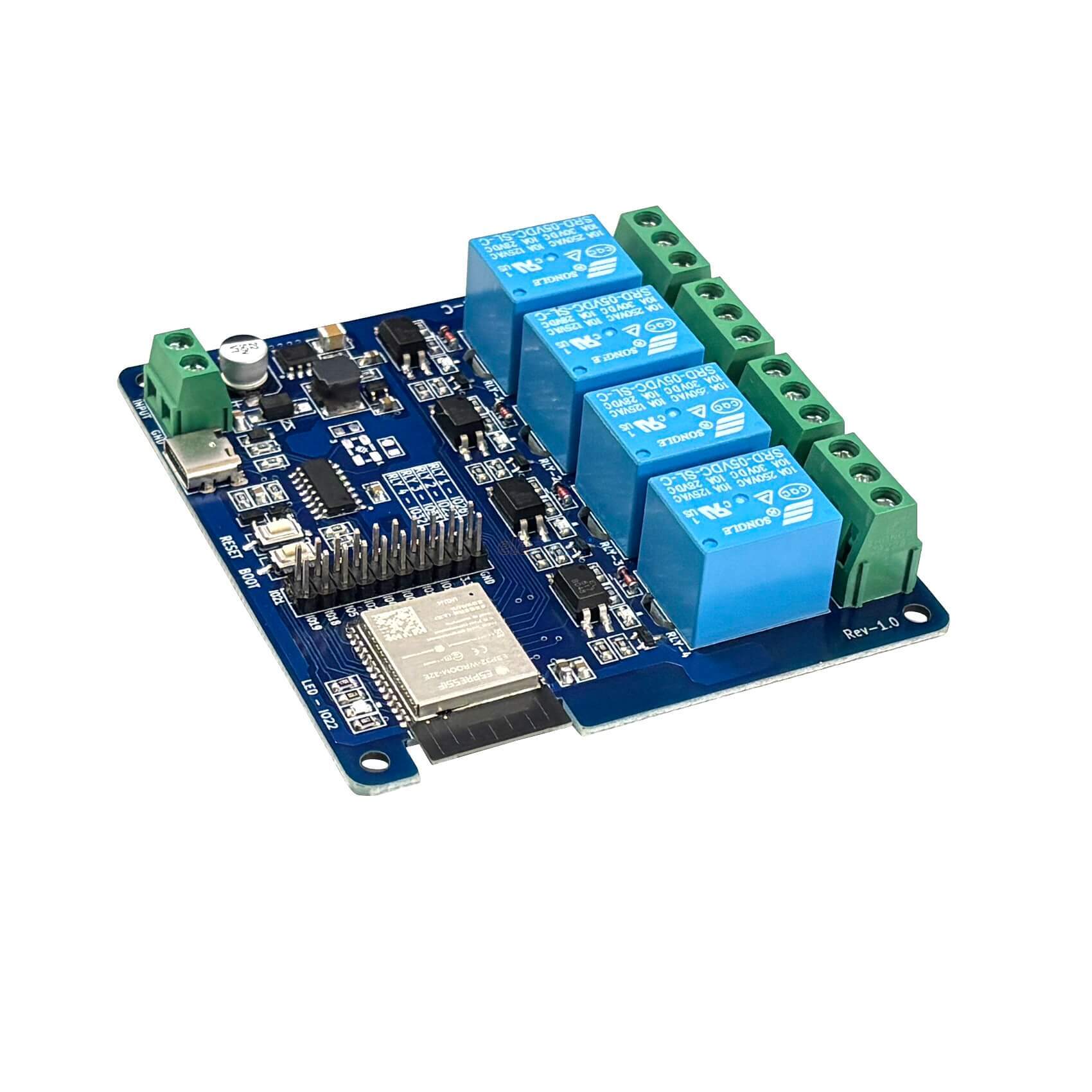 ESP32 WiFi 4-Channel 5V 10A Relay Module with Optocoupler Isolation (5-28V Input) – Industrial Grade