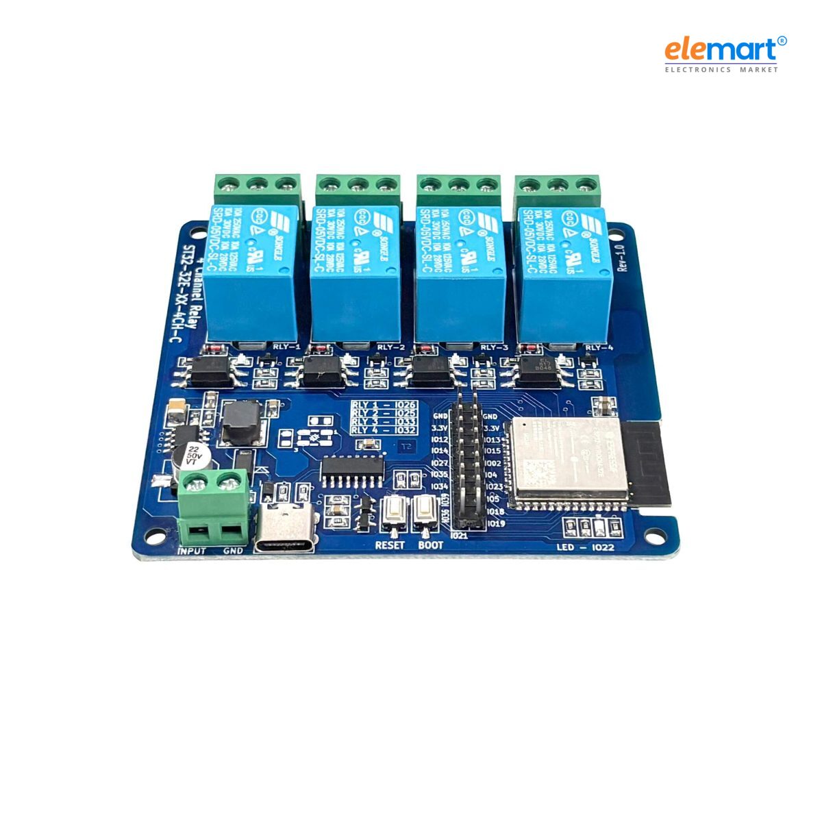 ESP32 WiFi 4-Channel 5V 10A Relay Module with Optocoupler Isolation (5-28V Input) – Industrial Grade
