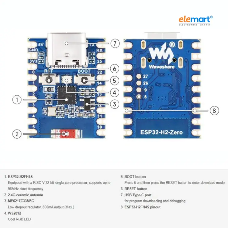 ESP32-H2-Zero-M Mini Development Board with Pin Header