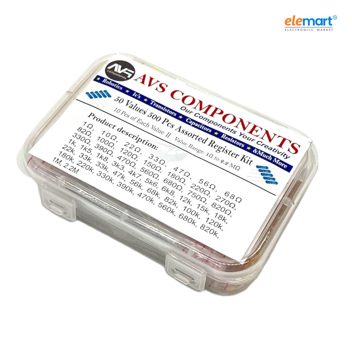 AVS Components 500 Pcs Assorted Resistors Kit, 50 Values