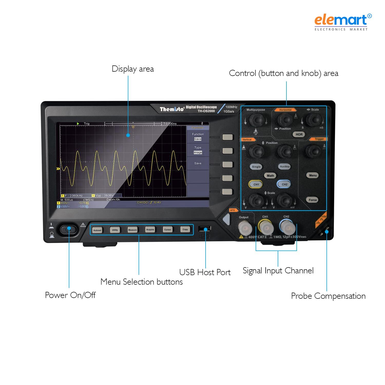 Themisto TH-OS2000 2-Channel 100MHz Bandwidth 1GSa/s Sampling Rate with Function Generator Digital Oscilloscope