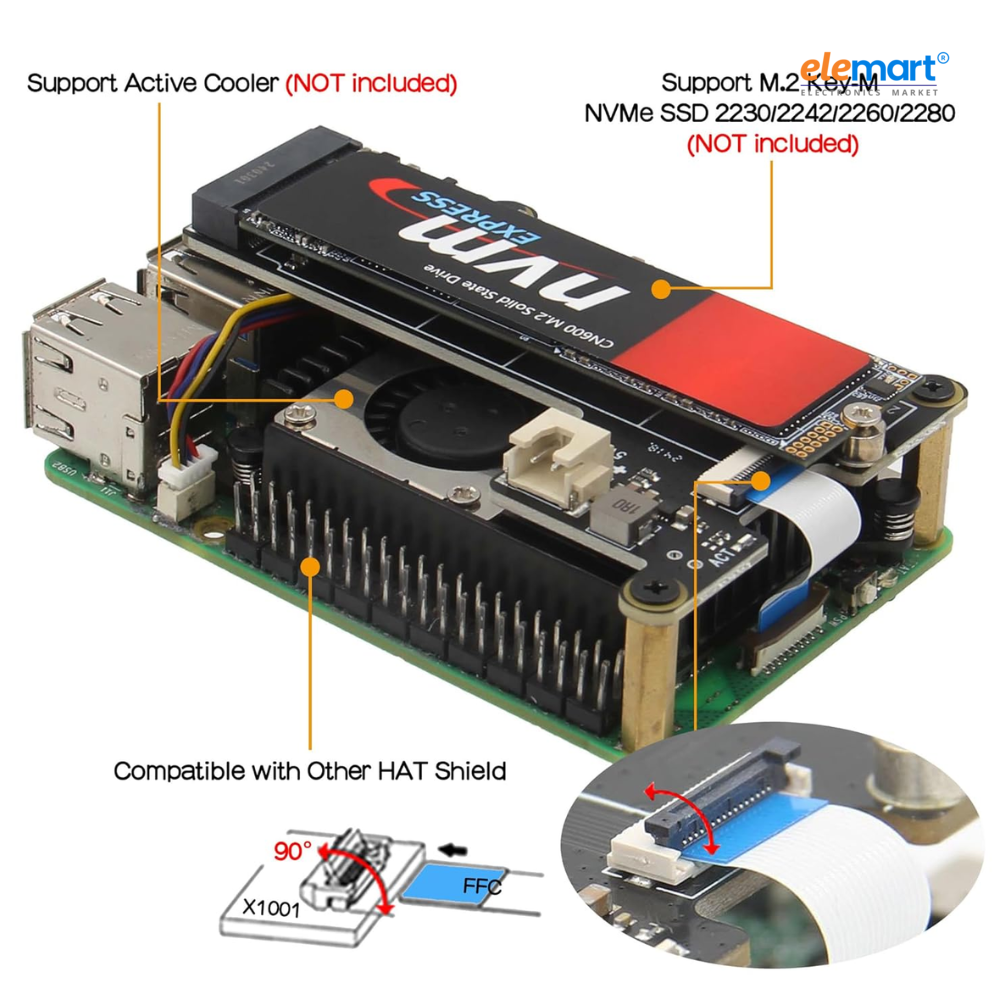 Geekworm X1001 PCIe to M.2 Key-M NVMe SSD PIP TOP for Raspberry Pi 5