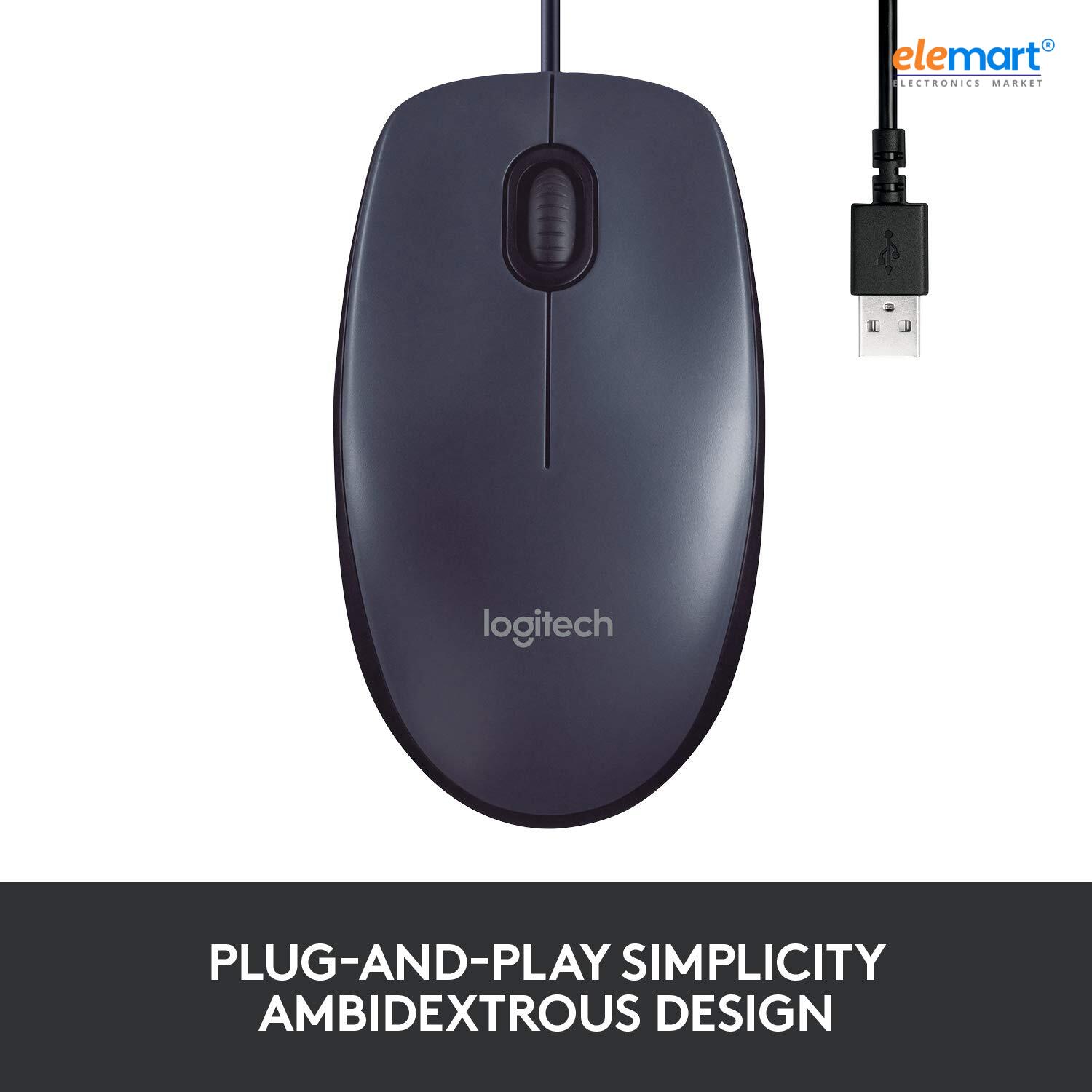 Logitech B100 Wired USB Mouse 800 DPI Optical Tracking, Ambidextrous Design, Black