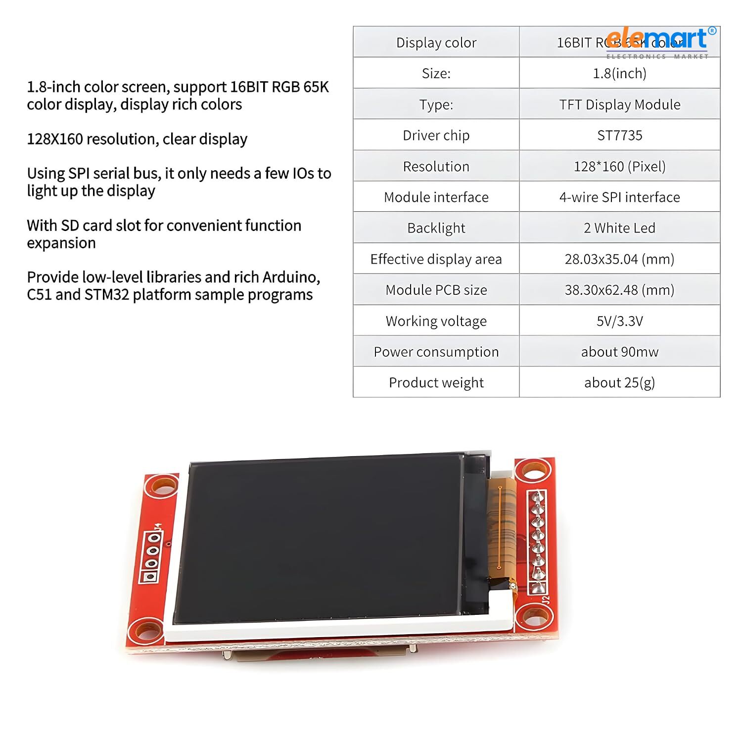 1.8 Inch TFT LCD Display Module, 128x160 Resolution, SPI Interface, 4 IO Pins, High-Resolution Color Screen for ESP32, Arduino Uno & DIY Electronics Projects
