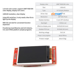1.8 Inch TFT LCD Display Module, 128x160 Resolution, SPI Interface, 4 IO Pins, High-Resolution Color Screen for ESP32, Arduino Uno & DIY Electronics Projects